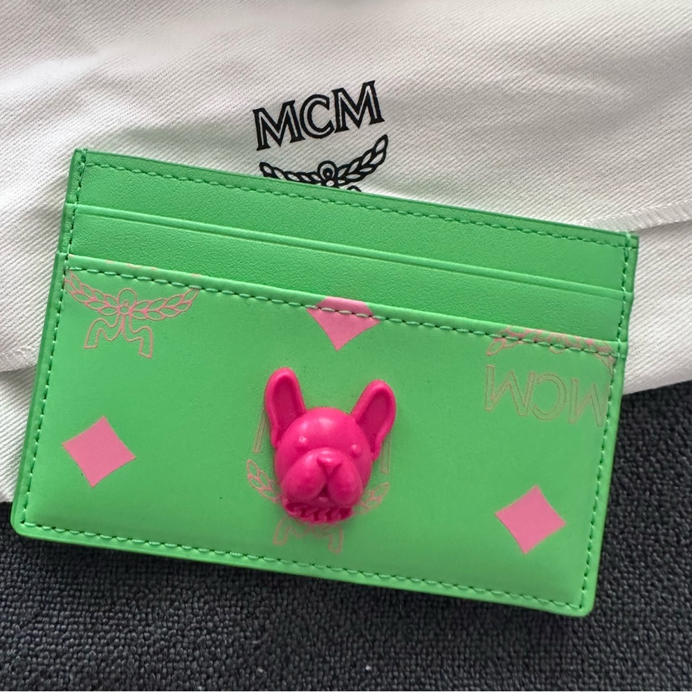 MCM Neon Green Card Holder with Pink Bulldog Accent - Picture 3 of 3